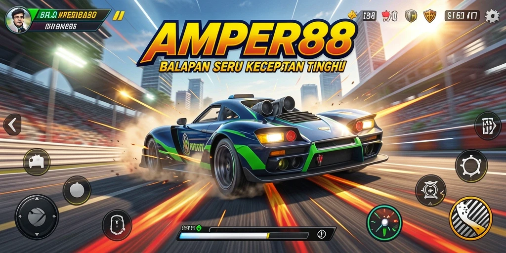 Screenshot utama AMPER88 menampilkan aksi balapan yang intens dan dinamis.