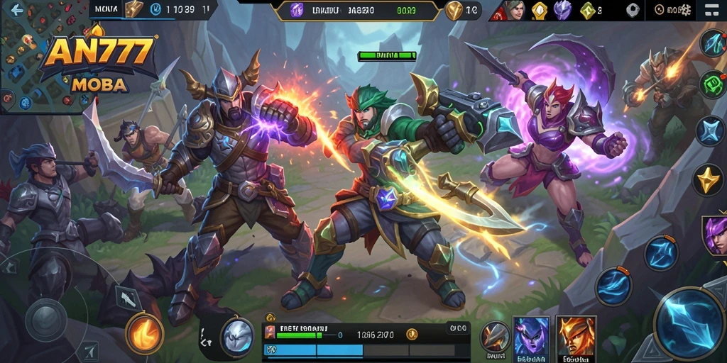 Tampilan layar permainan AN777 yang intens dalam pertarungan MOBA.