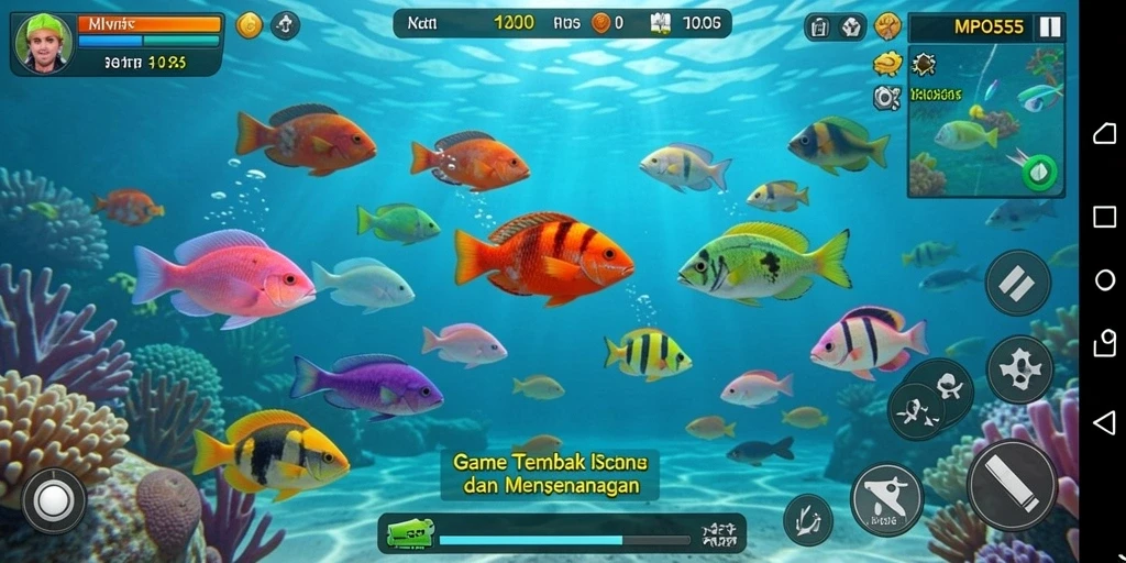 Screenshot game MPO555 menampilkan momen menembak ikan yang seru.