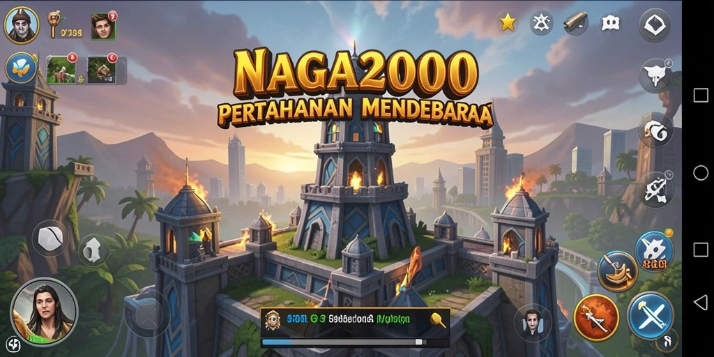 Screenshot gameplay NAGA2000, menampilkan aksi pertahanan menara yang mendebarkan.
