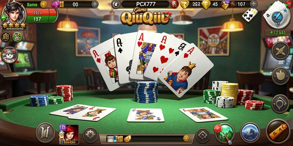 Tampilan gameplay seru di PCX777 dengan kartu QiuQiu.