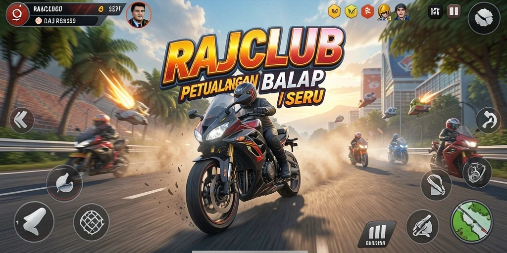 Screenshot RAJACLUB menampilkan balapan motor yang intens dan grafis luar biasa.