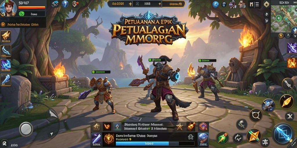 Screenshot gameplay SD107 menampilkan pertempuran epik dan menjelajahi dunia fantastis.